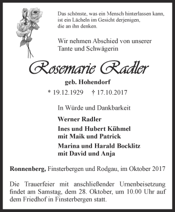 Traueranzeige von Rosemarie Radler von Ostthüringer Zeitung, Thüringische Landeszeitung