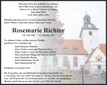 Traueranzeige von Rosemarie Richter von Ostthüringer Zeitung, Thüringische Landeszeitung
