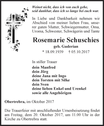 Traueranzeige von Rosemarie Schuschies von Thüringer Allgemeine, Thüringische Landeszeitung