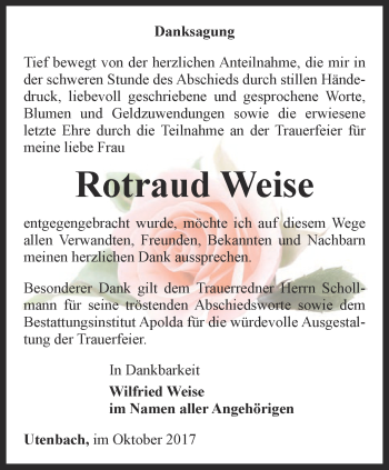 Traueranzeige von Rotraud Weise von Thüringer Allgemeine, Thüringische Landeszeitung