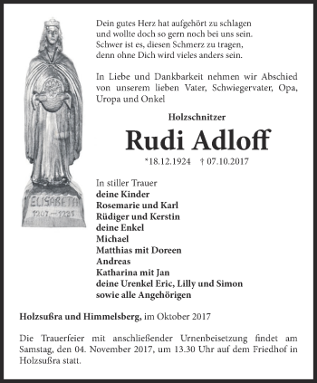 Traueranzeige von Rudi Adloff von Thüringer Allgemeine