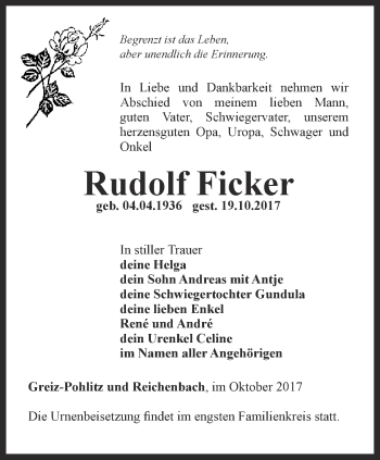 Traueranzeige von Rudolf Ficker von Ostthüringer Zeitung