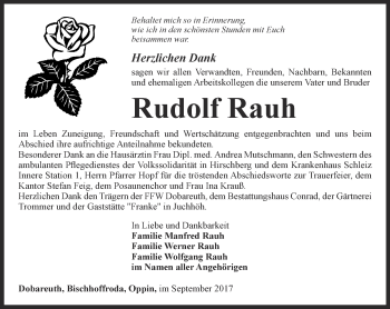 Traueranzeige von Rudolf Rauh von Ostthüringer Zeitung