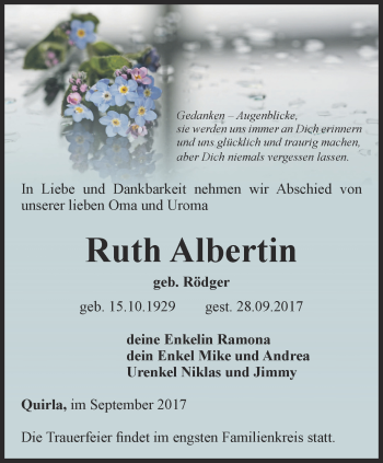 Traueranzeige von Ruth Albertin von Ostthüringer Zeitung