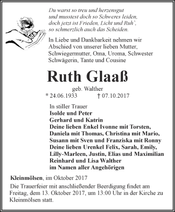 Traueranzeige von Ruth Glaaß von Thüringer Allgemeine, Thüringische Landeszeitung
