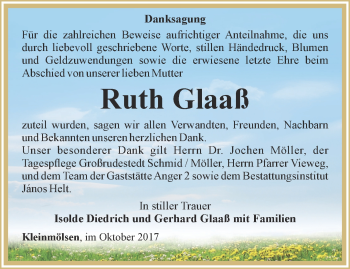 Traueranzeige von Ruth Glaaß von Thüringer Allgemeine, Thüringische Landeszeitung