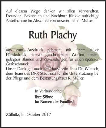 Traueranzeige von Ruth Plachy von Ostthüringer Zeitung, Thüringische Landeszeitung