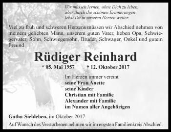Traueranzeige von Rüdiger Reinhard von Ostthüringer Zeitung, Thüringische Landeszeitung