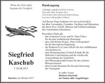 Traueranzeige von Siegfried Kaschub von Thüringer Allgemeine