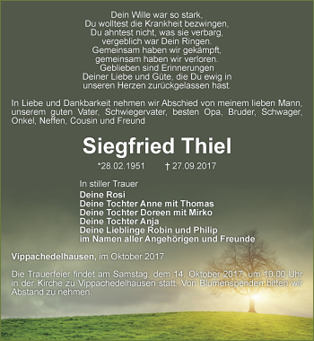 Traueranzeige von Siegfried Thiel von Thüringer Allgemeine, Thüringische Landeszeitung