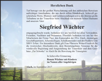 Traueranzeige von Siegfried Wächter von Thüringer Allgemeine, Thüringische Landeszeitung