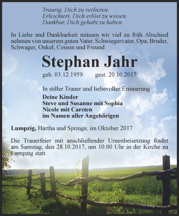 Traueranzeige von Stephan Jahr von Ostthüringer Zeitung