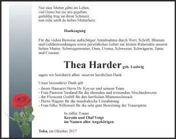 Traueranzeige von Thea Harder von Thüringer Allgemeine