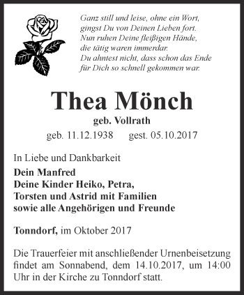 Traueranzeige von Thea Mönch von Thüringer Allgemeine, Thüringische Landeszeitung