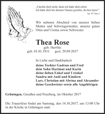 Traueranzeige von Thea Rose von Thüringer Allgemeine