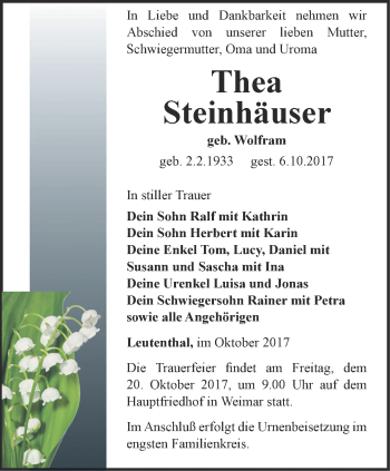 Traueranzeige von Thea Steinhäuser von Thüringer Allgemeine, Thüringische Landeszeitung