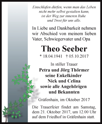 Traueranzeige von Theo Seeber von Ostthüringer Zeitung, Thüringische Landeszeitung