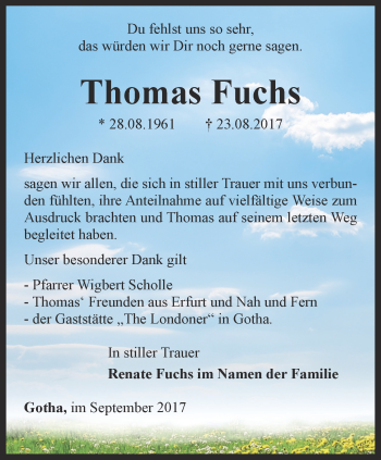 Traueranzeige von Thomas Fuchs von Ostthüringer Zeitung, Thüringische Landeszeitung