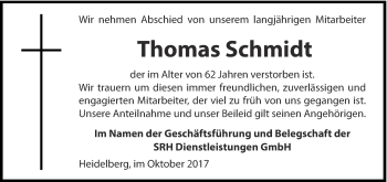 Traueranzeige von Thomas Schmidt von Ostthüringer Zeitung, Thüringische Landeszeitung