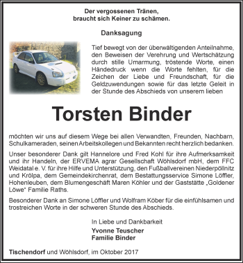 Traueranzeige von Torsten Binder von Ostthüringer Zeitung