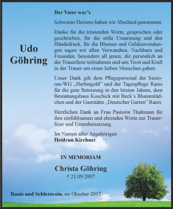 Traueranzeige von Udo Göhring von Ostthüringer Zeitung