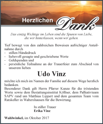 Traueranzeige von Udo Vinz von Ostthüringer Zeitung, Thüringische Landeszeitung