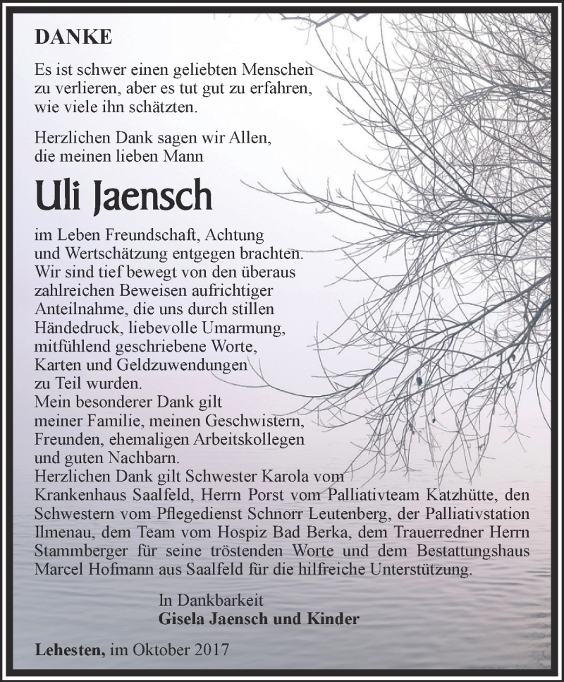  Traueranzeige für Uli Jaensch vom 07.10.2017 aus Ostthüringer Zeitung