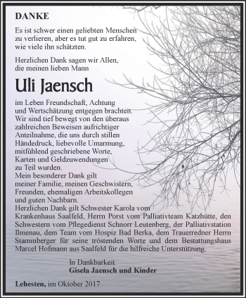 Traueranzeige von Uli Jaensch von Ostthüringer Zeitung