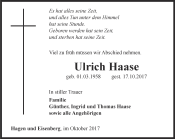 Traueranzeige von Ulrich Haase von Ostthüringer Zeitung