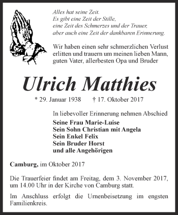 Traueranzeige von Ulrich Matthies von Ostthüringer Zeitung, Thüringische Landeszeitung