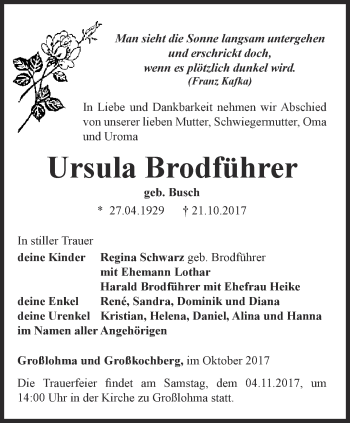 Traueranzeige von Ursula Brodführer von Thüringer Allgemeine, Thüringische Landeszeitung