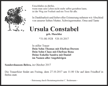 Traueranzeige von Ursula Constabel von Thüringer Allgemeine