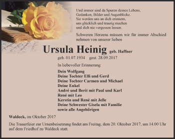 Traueranzeige von Ursula Hienig von Ostthüringer Zeitung