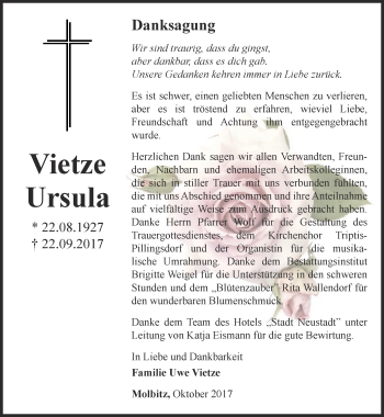 Traueranzeige von Ursula Vietze von Ostthüringer Zeitung