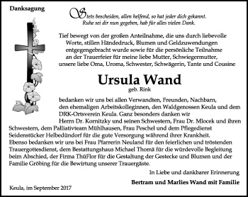 Traueranzeige von Ursula Wand von Thüringer Allgemeine, Thüringische Landeszeitung