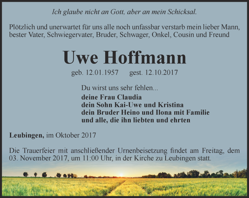  Traueranzeige für Uwe Hoffmann vom 28.10.2017 aus Thüringer Allgemeine
