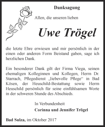 Traueranzeige von Uwe Trögel von Thüringer Allgemeine, Thüringische Landeszeitung