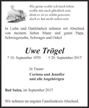 Traueranzeige von Uwe Trögel von Thüringer Allgemeine, Thüringische Landeszeitung