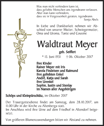 Traueranzeige von Waldtraut Meyer von Ostthüringer Zeitung, Thüringische Landeszeitung