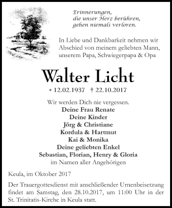 Traueranzeige von Walter Licht von Thüringer Allgemeine, Thüringische Landeszeitung