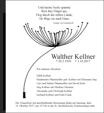 Traueranzeige von Walther Kellner von Ostthüringer Zeitung, Thüringische Landeszeitung