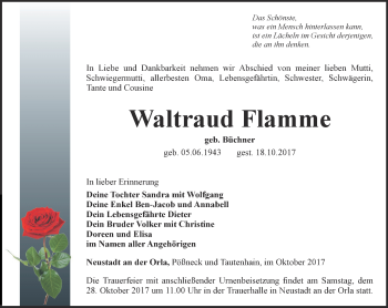 Traueranzeige von Waltraud Flamme