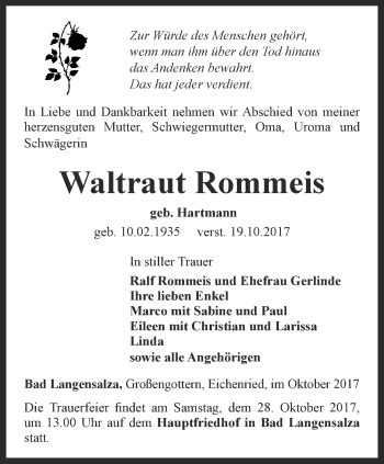 Traueranzeige von Waltraut Rommeis von Thüringer Allgemeine, Thüringische Landeszeitung