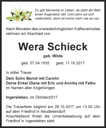 Traueranzeige von Wera Schieck von Thüringer Allgemeine, Thüringische Landeszeitung