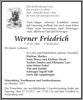 Traueranzeige von Werner Friedrich von Thüringer Allgemeine