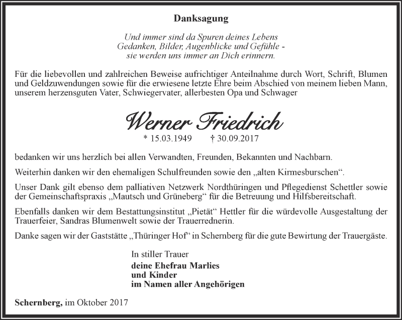  Traueranzeige für Werner Friedrich vom 14.10.2017 aus Thüringer Allgemeine