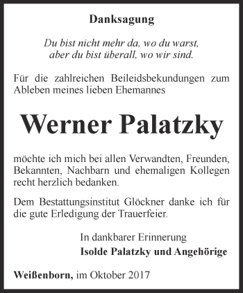 Traueranzeige von Werner Palatzky von Ostthüringer Zeitung