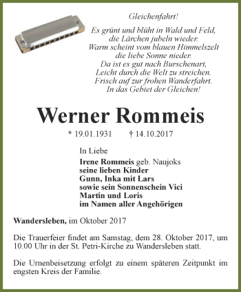 Traueranzeige von Wernerr Rommeis von Ostthüringer Zeitung, Thüringische Landeszeitung