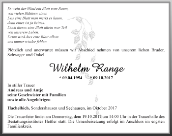 Traueranzeige von Wilhelm Range von Thüringer Allgemeine