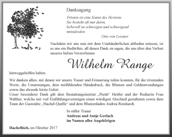 Traueranzeige von Wilhelm Range von Thüringer Allgemeine